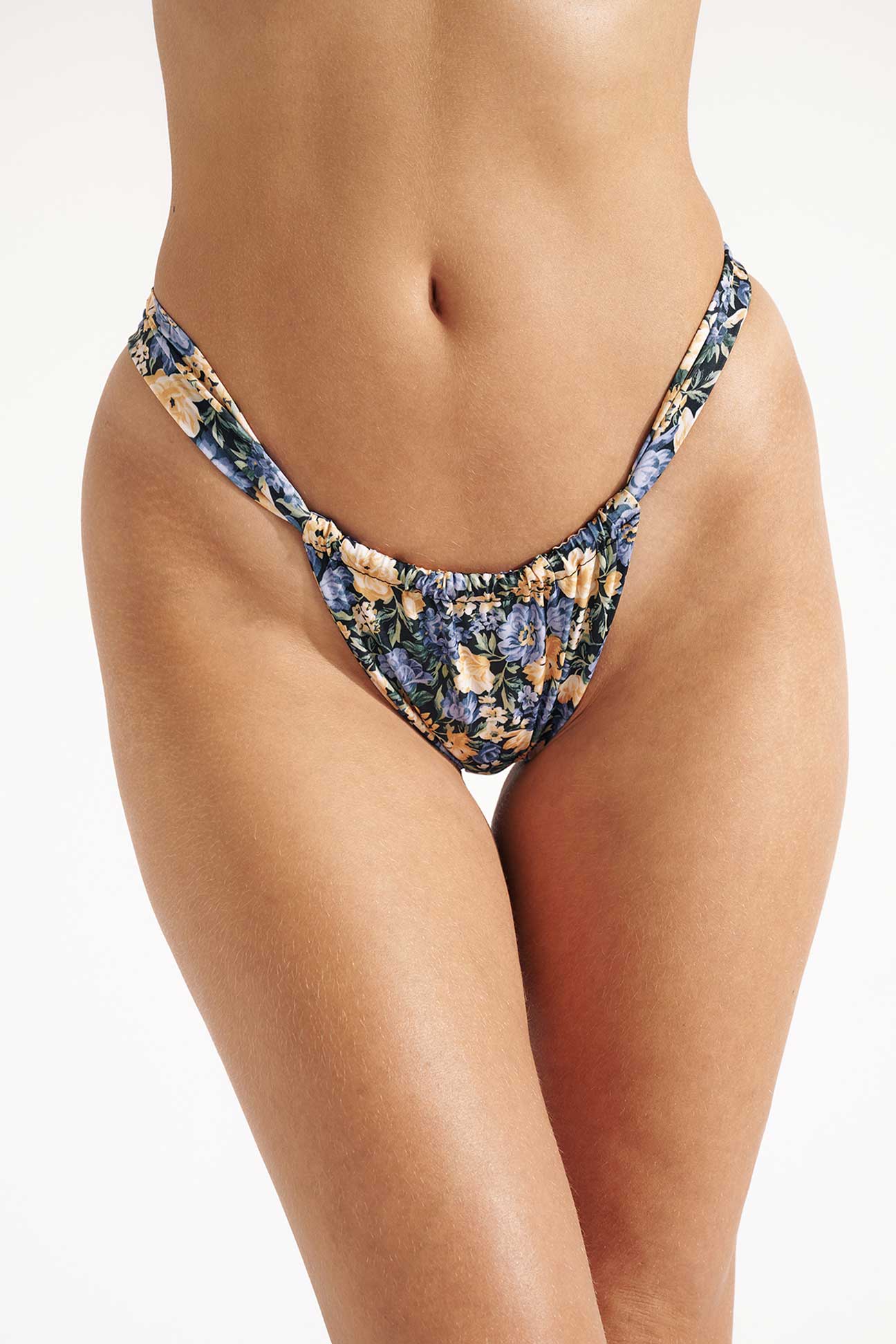 Floral-patterned bikini bottom on a white background
