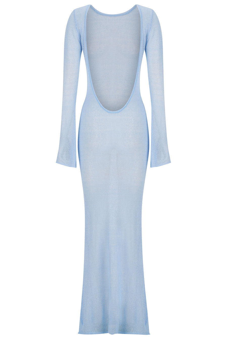 Light blue dress with sheer back on a white background