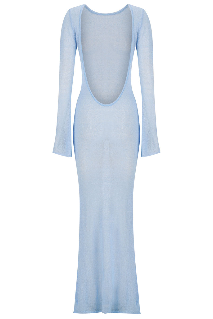 Light blue dress with sheer back on a white background