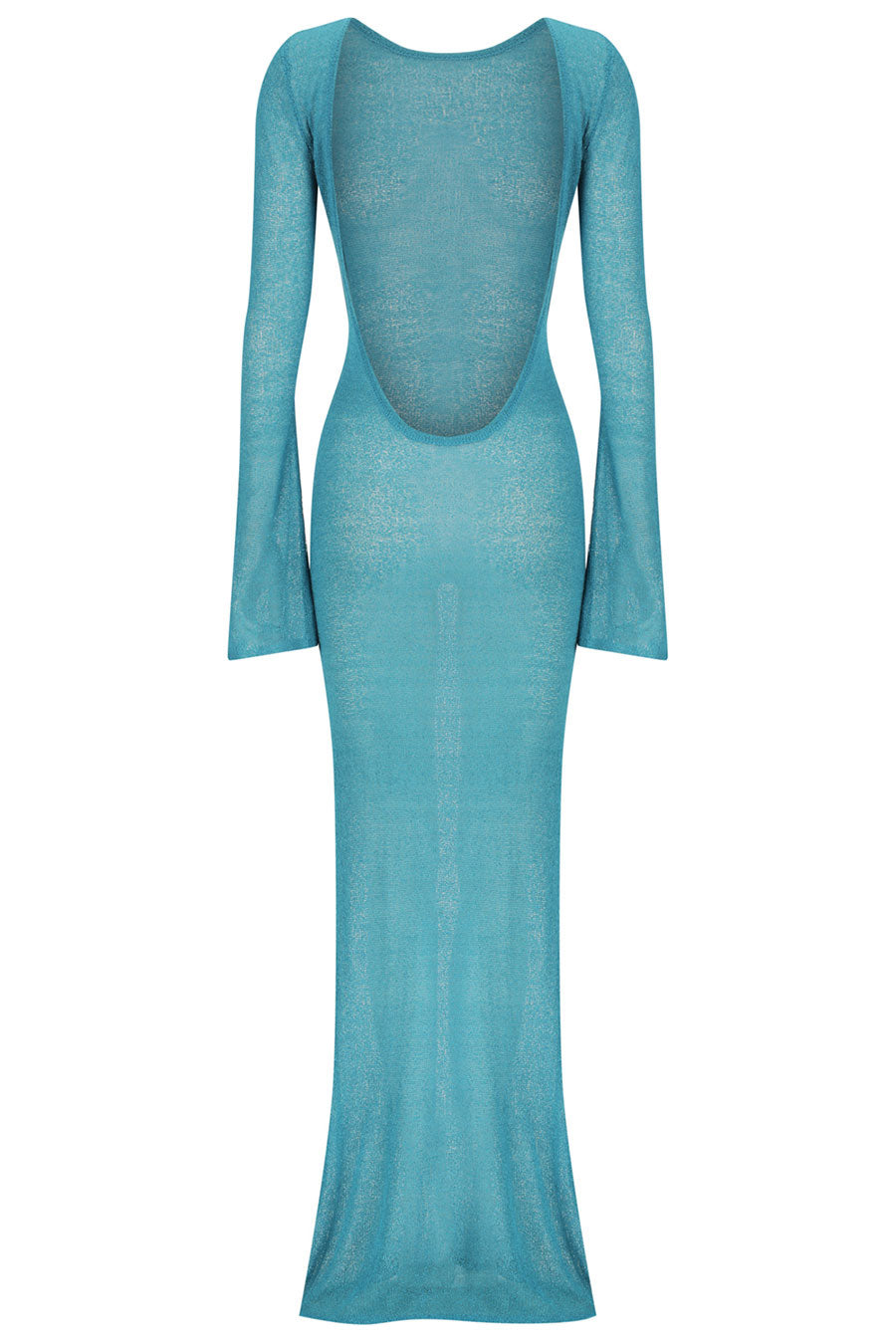 Teal long-sleeve dress with cut-out back on a white background