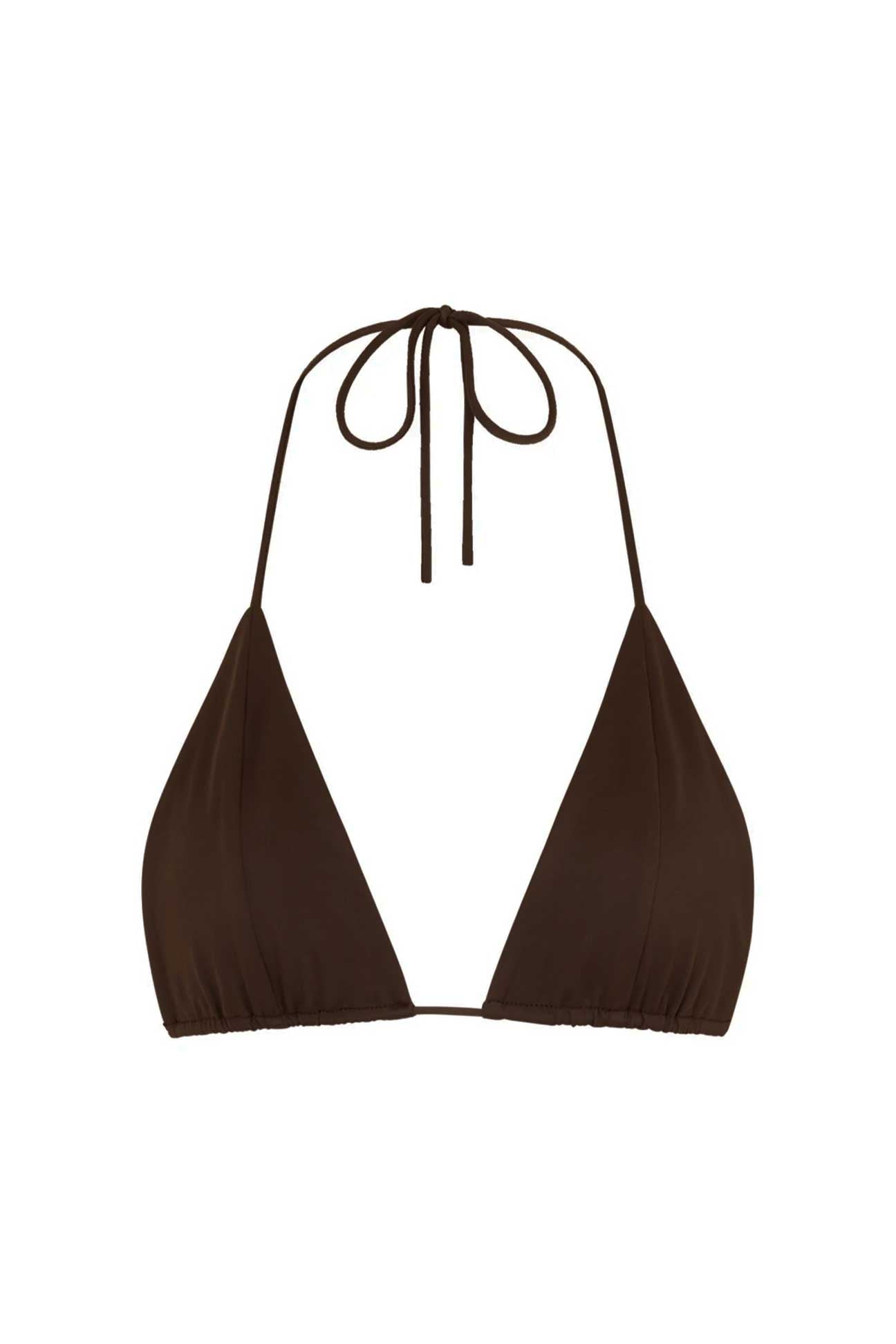 Brown bikini top with thin straps on a white background