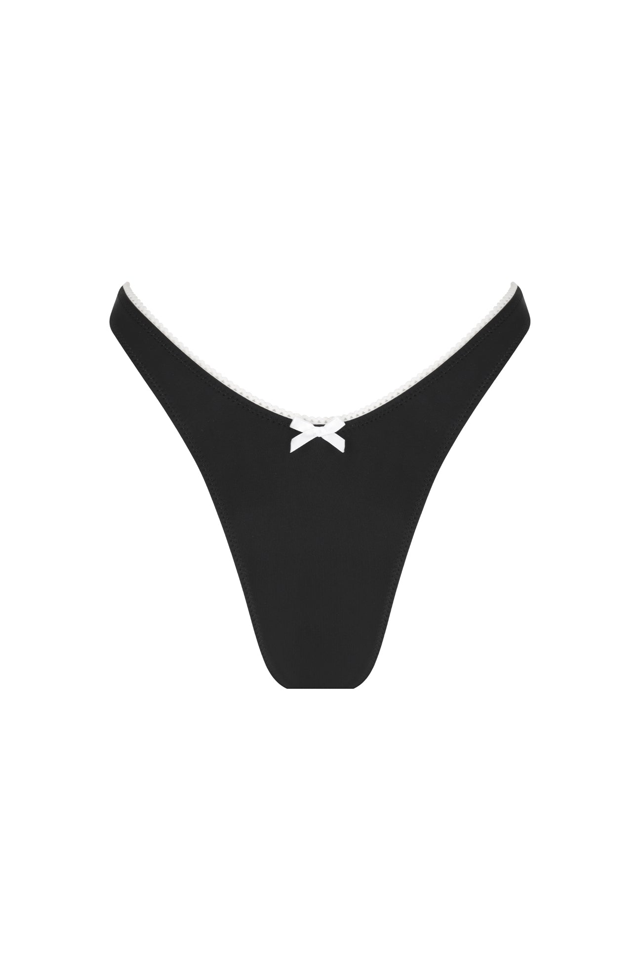 A classic high cut black bikini bottom with contrasting white lace trim and a delicate bow detail at the front.