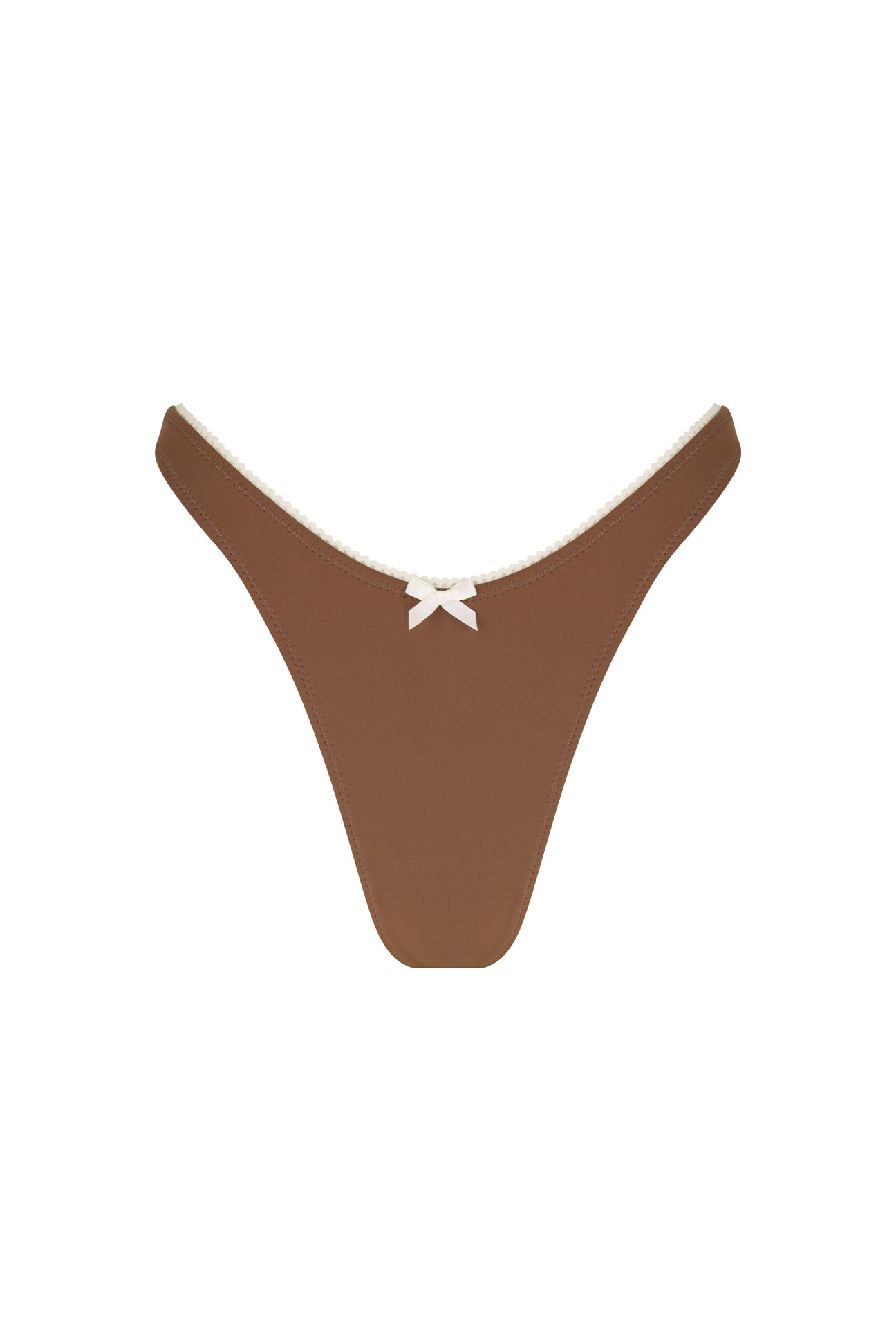 A high-cut brown bikini bottom with lace trim and a small bow detail in the front.