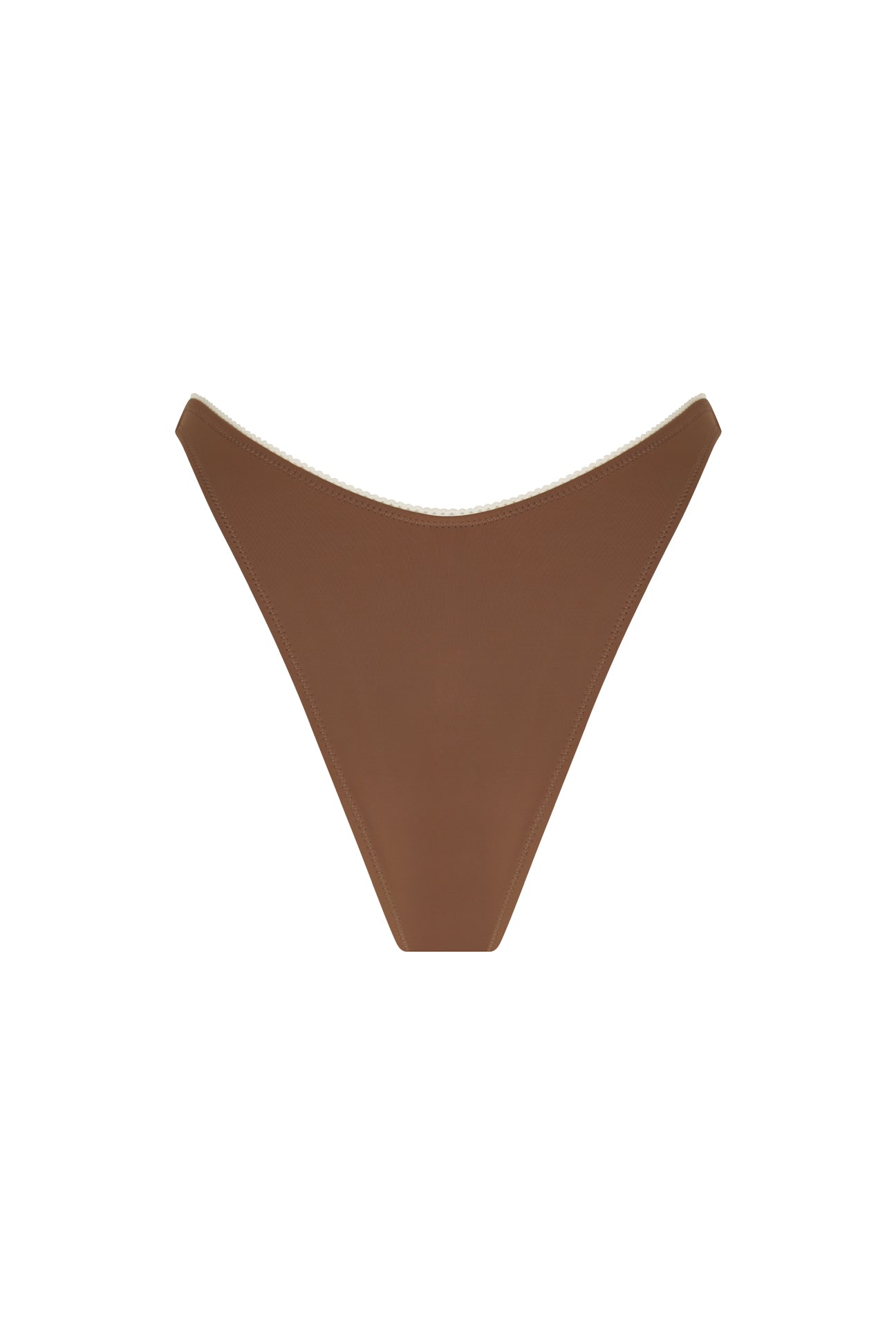 The back of a brown bikini bottom on white background.