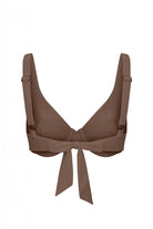 mocha bikini top with adjustable back straps on a white background