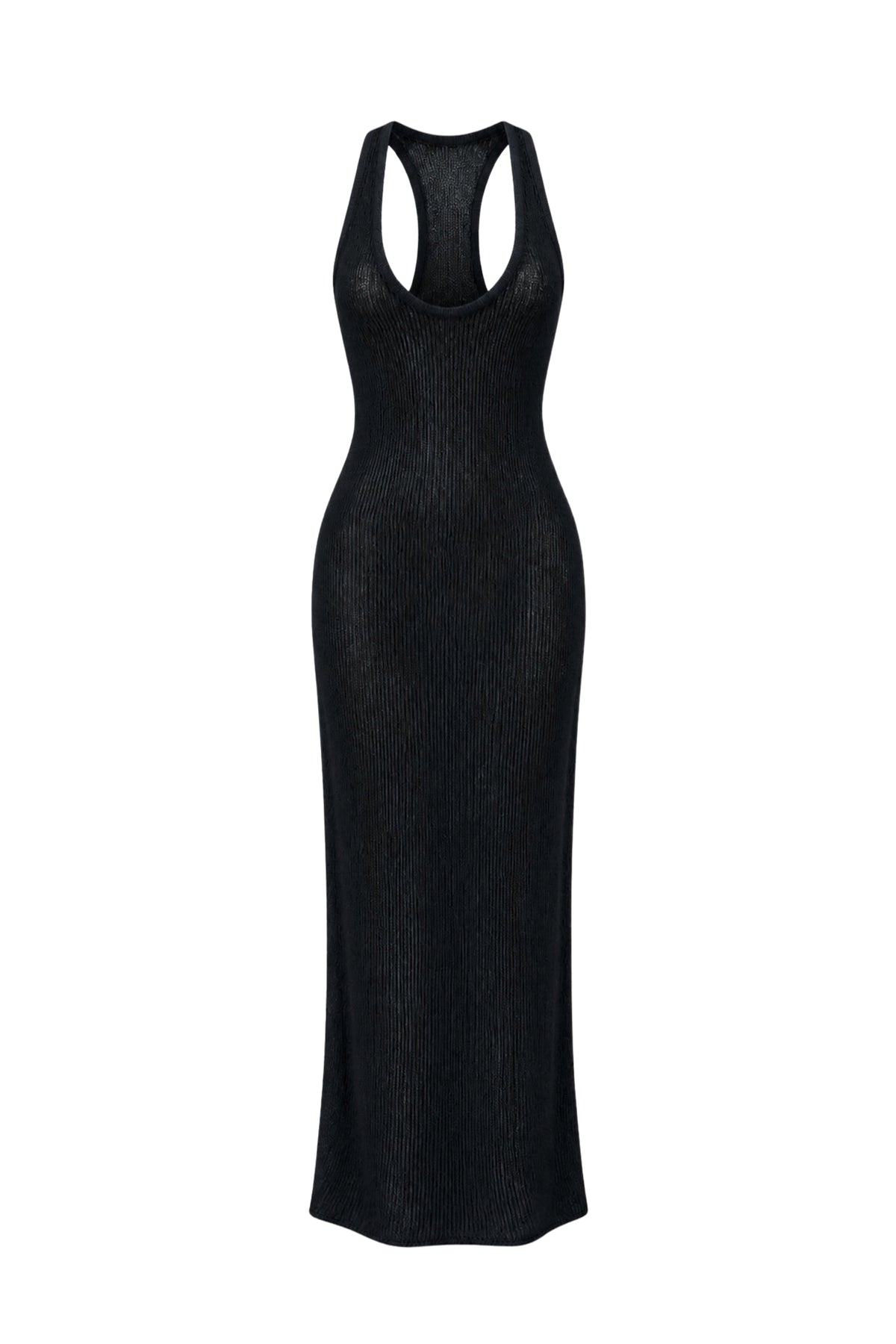 A black ribbed knit sleeveless maxi dress with a racerback design and a low scoop neckline, shown against a plain white background.