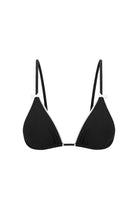 A black triangle swim top with bow details and lace trim.