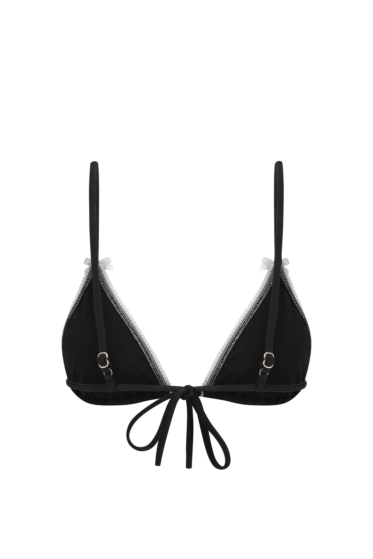 Back of black bikini top on white background.