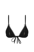 Back of black bikini top on white background.