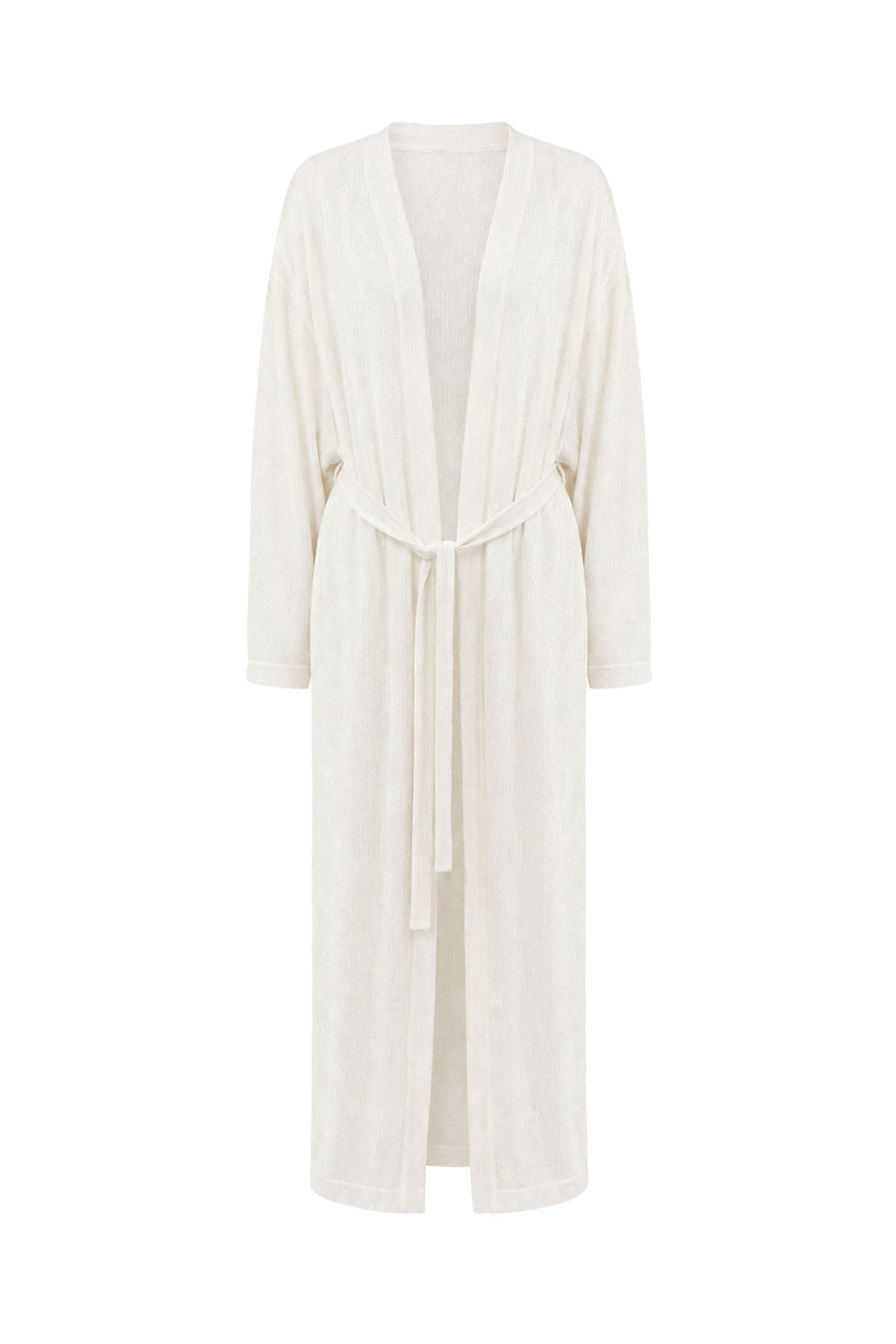 A long-sleeved cream-colored cotton robe with a matching tie belt, displayed on a clean white background.