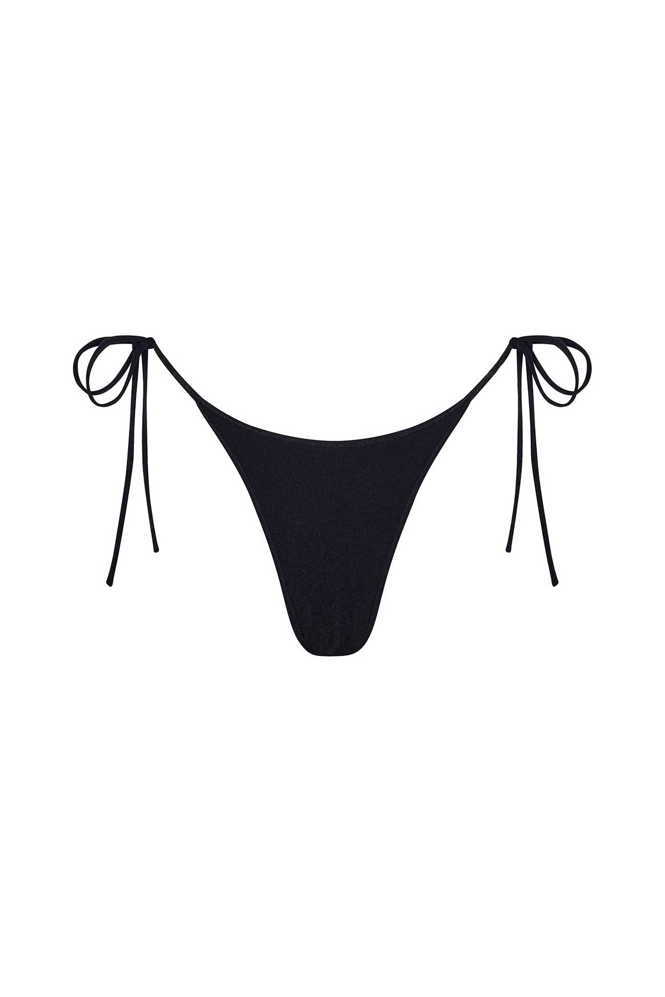 Black bikini bottom with tie sides on a white background