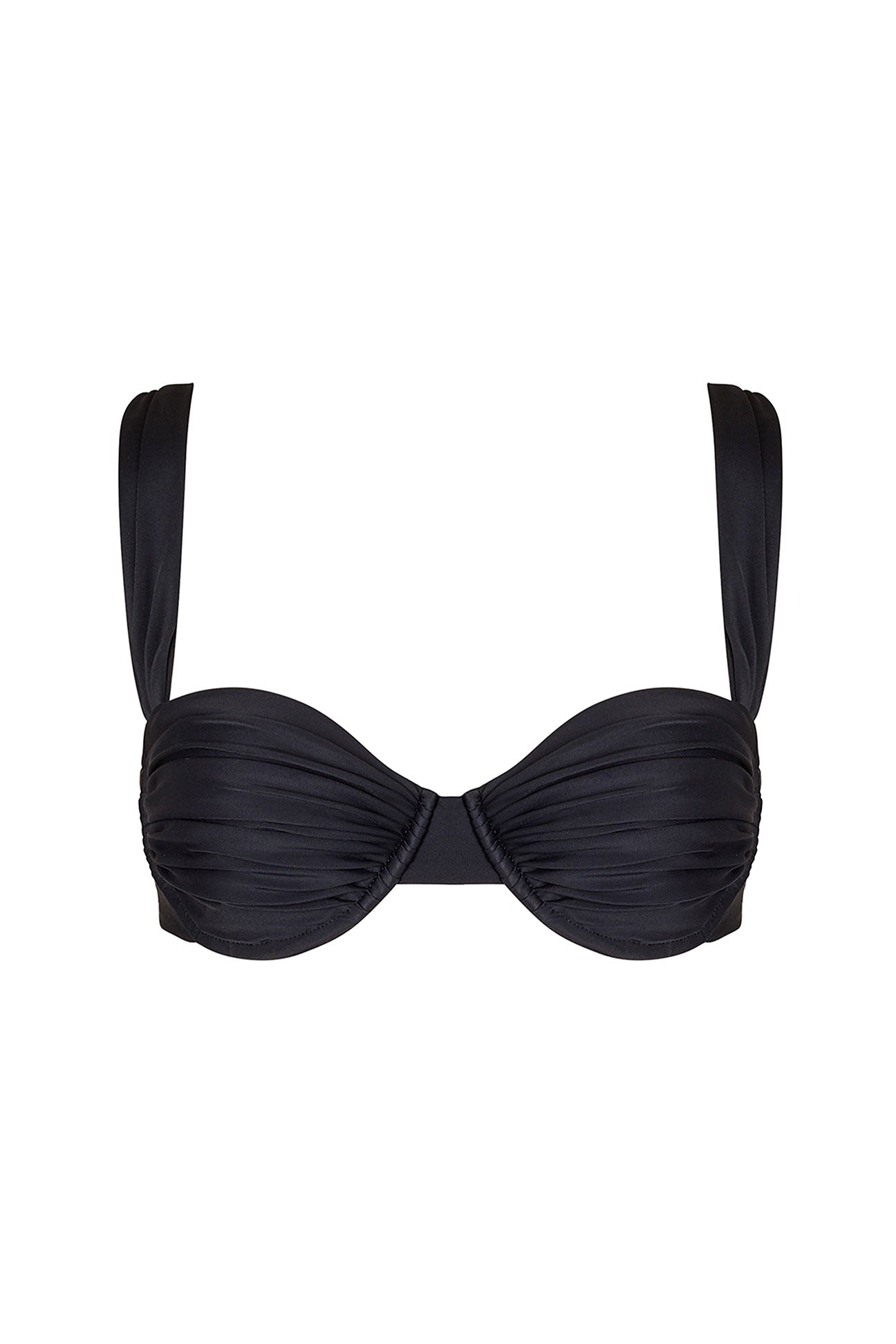 Black bikini top with thin straps on a white background