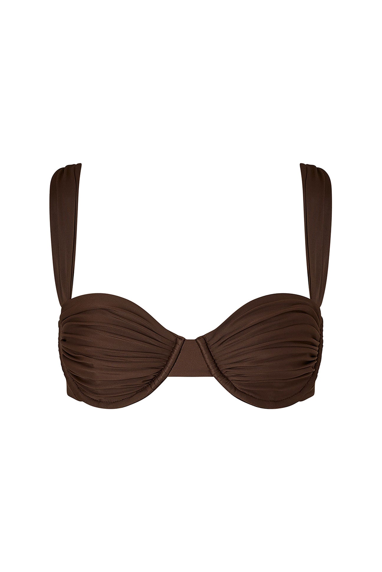Chocolate brown bikini top with thin straps on a white background