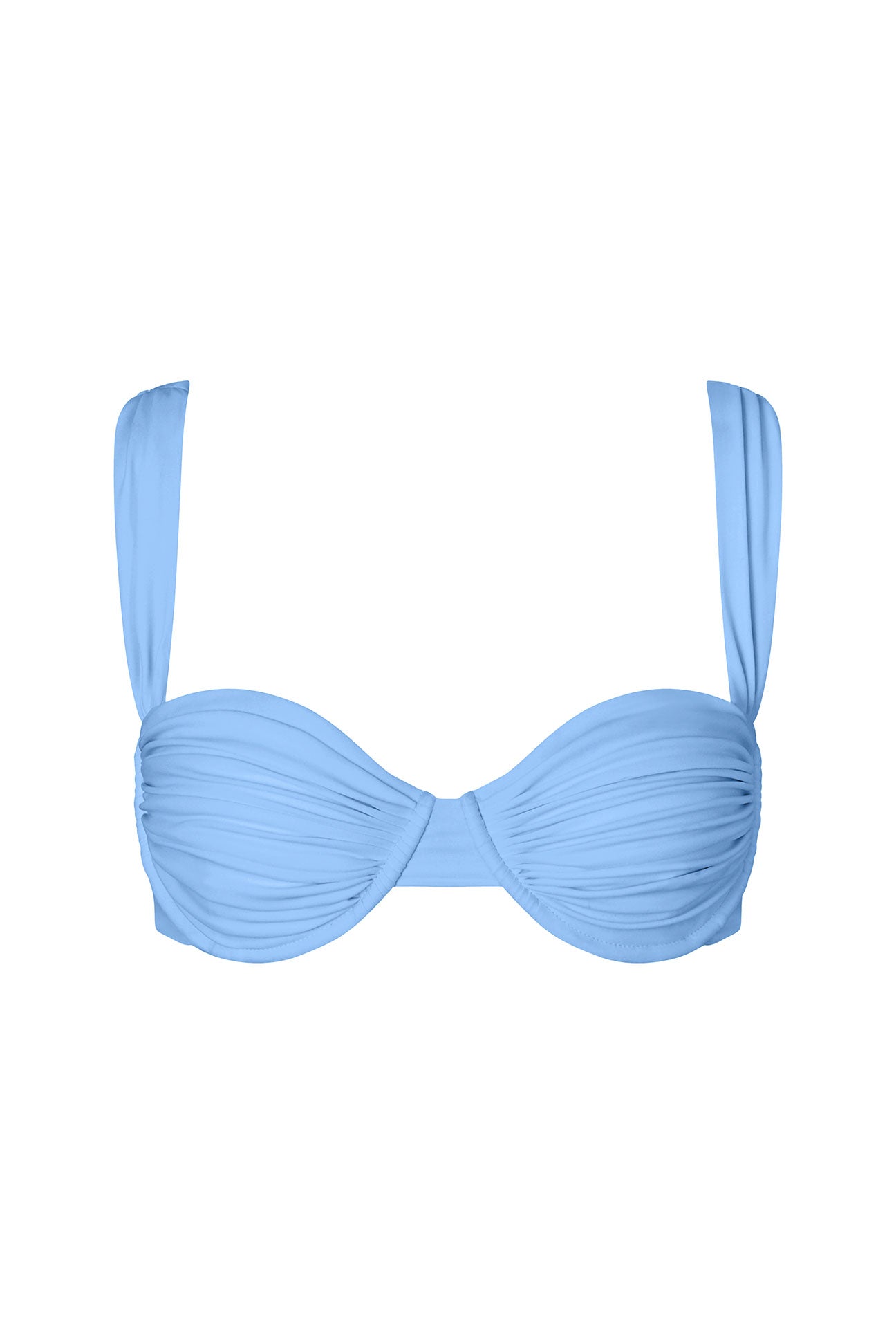 Soft blue bikini top on white background