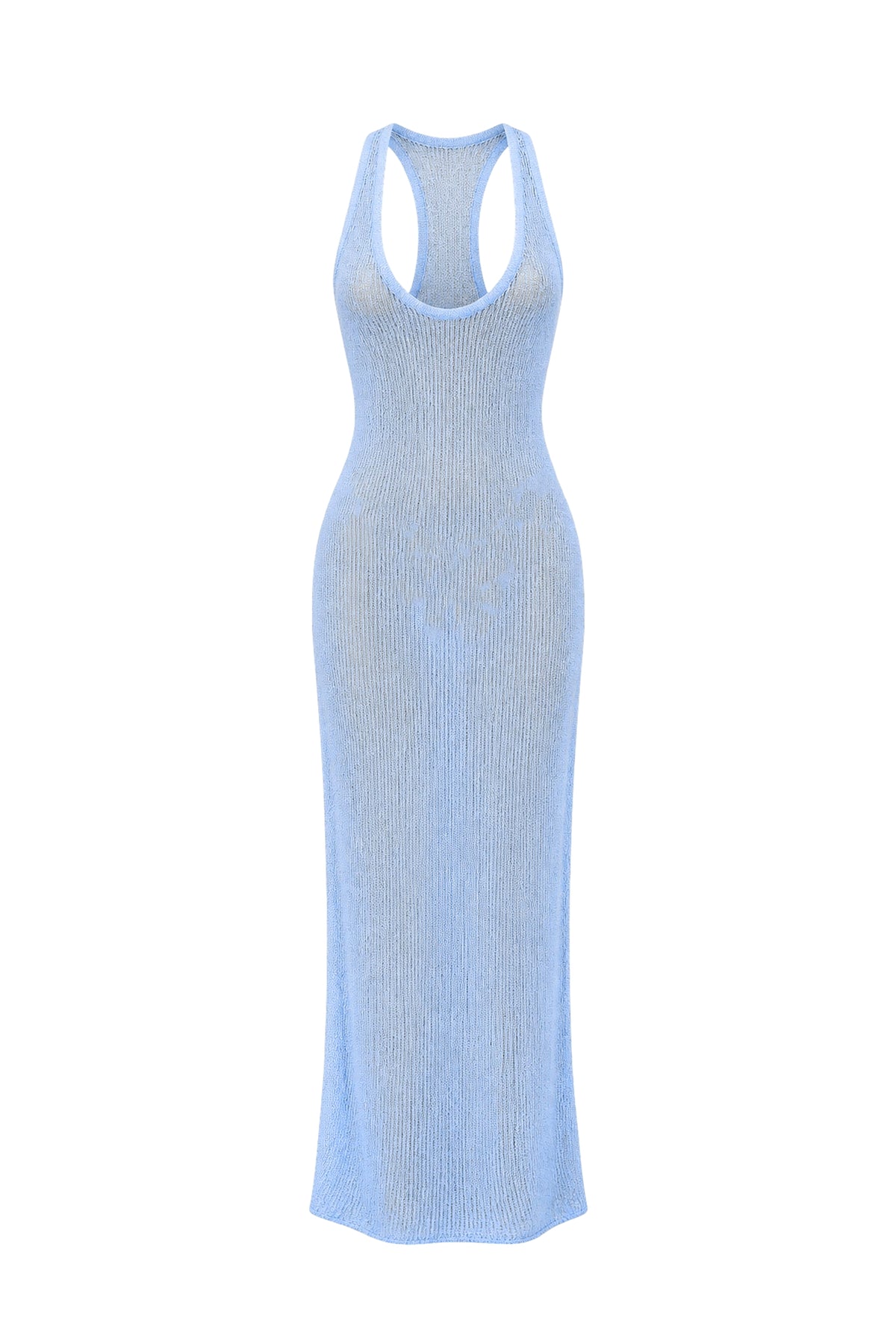 A light blue ribbed knit sleeveless maxi dress with a scoop neckline and a racerback-style cutout at the top, shown against a plain white background.