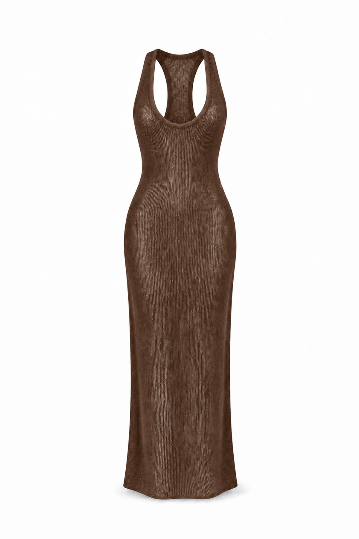 A sleeveless, bodycon maxi dress in a textured brown knit fabric, featuring a racerback-style open back and a scoop neckline, shown against a plain white background.