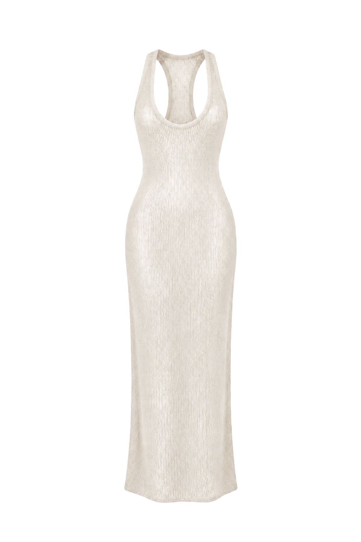 A sleeveless, bodycon maxi dress in a textured cream or off-white knit fabric, featuring a racerback-style neckline with a small cutout at the top center, shown against a plain white background.