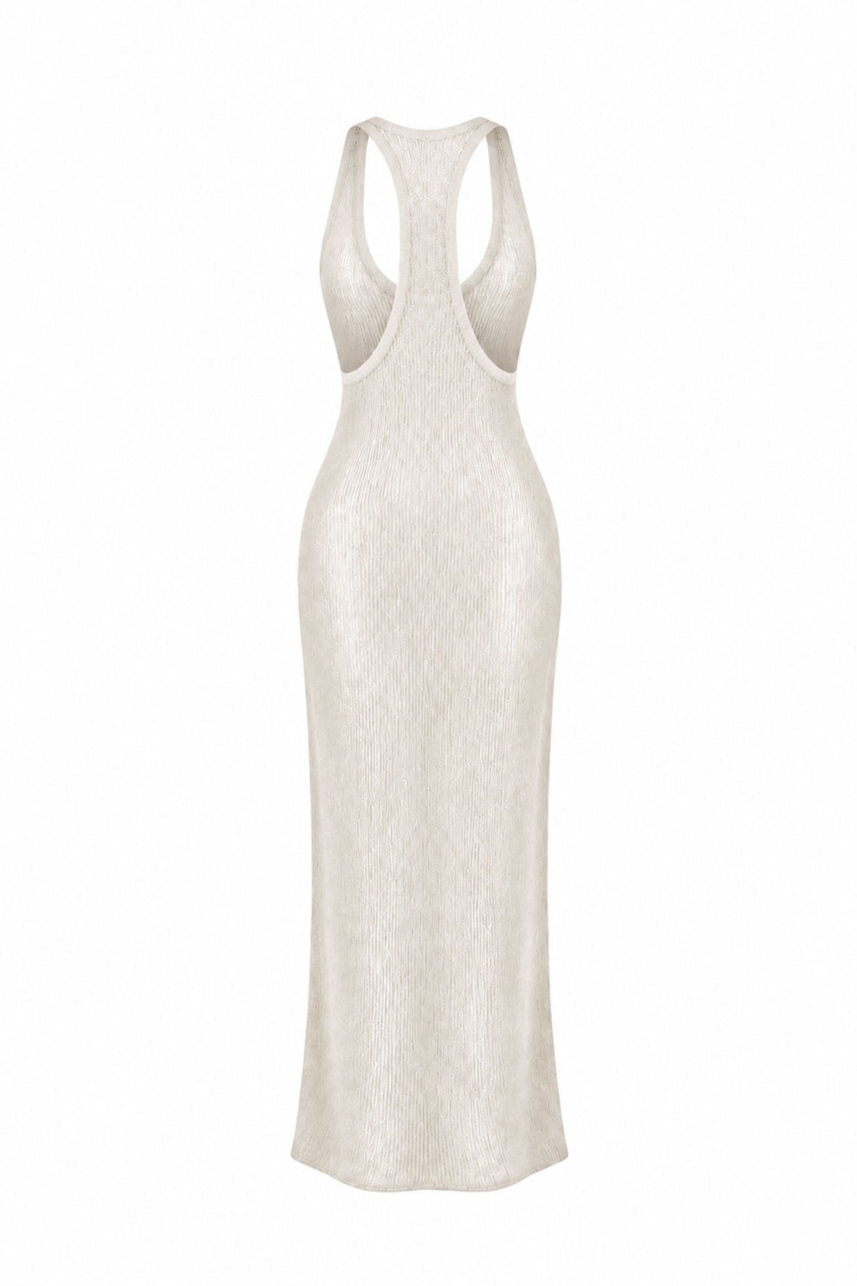 A sleeveless, backless maxi dress in a textured cream or off-white fabric, shown from the back against a plain white background.