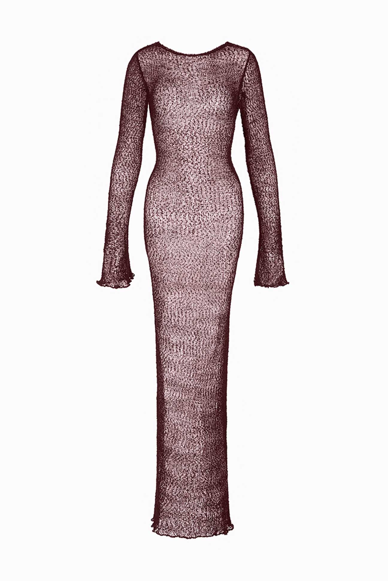 Sheer brown dress with long sleeves on a white background