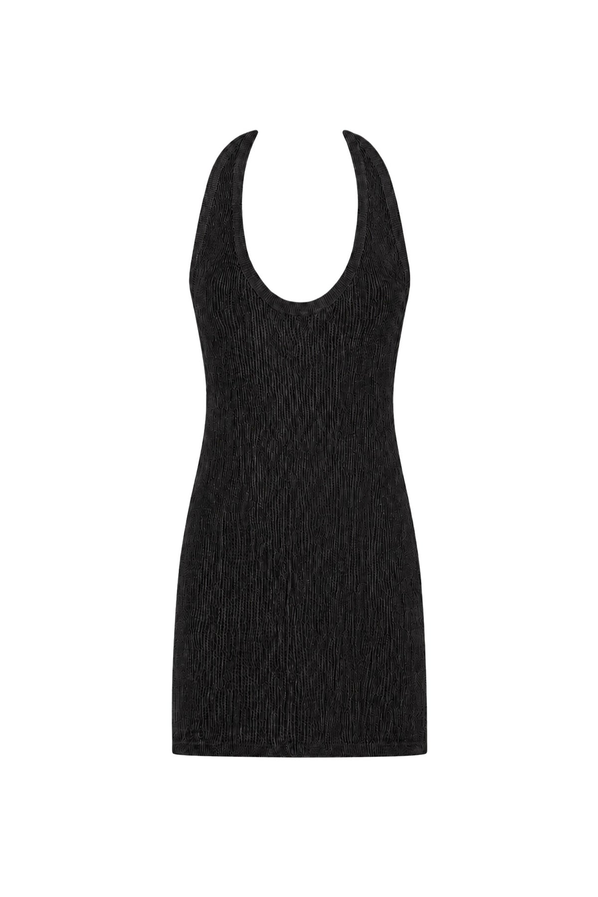 A sleeveless black ribbed knit mini dress with a scoop neckline, shown against a plain white background.