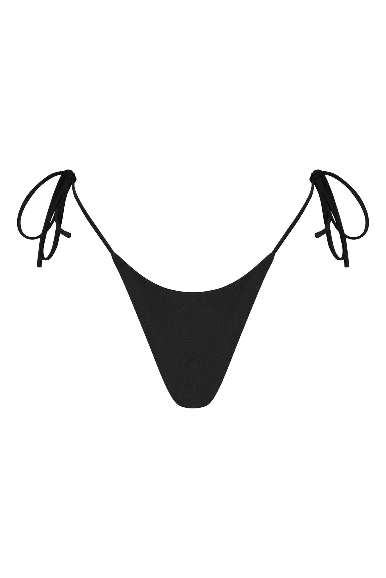 Black bikini bottom with tie sides on a white background