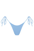 Blue bikini bottom with string ties on a white background