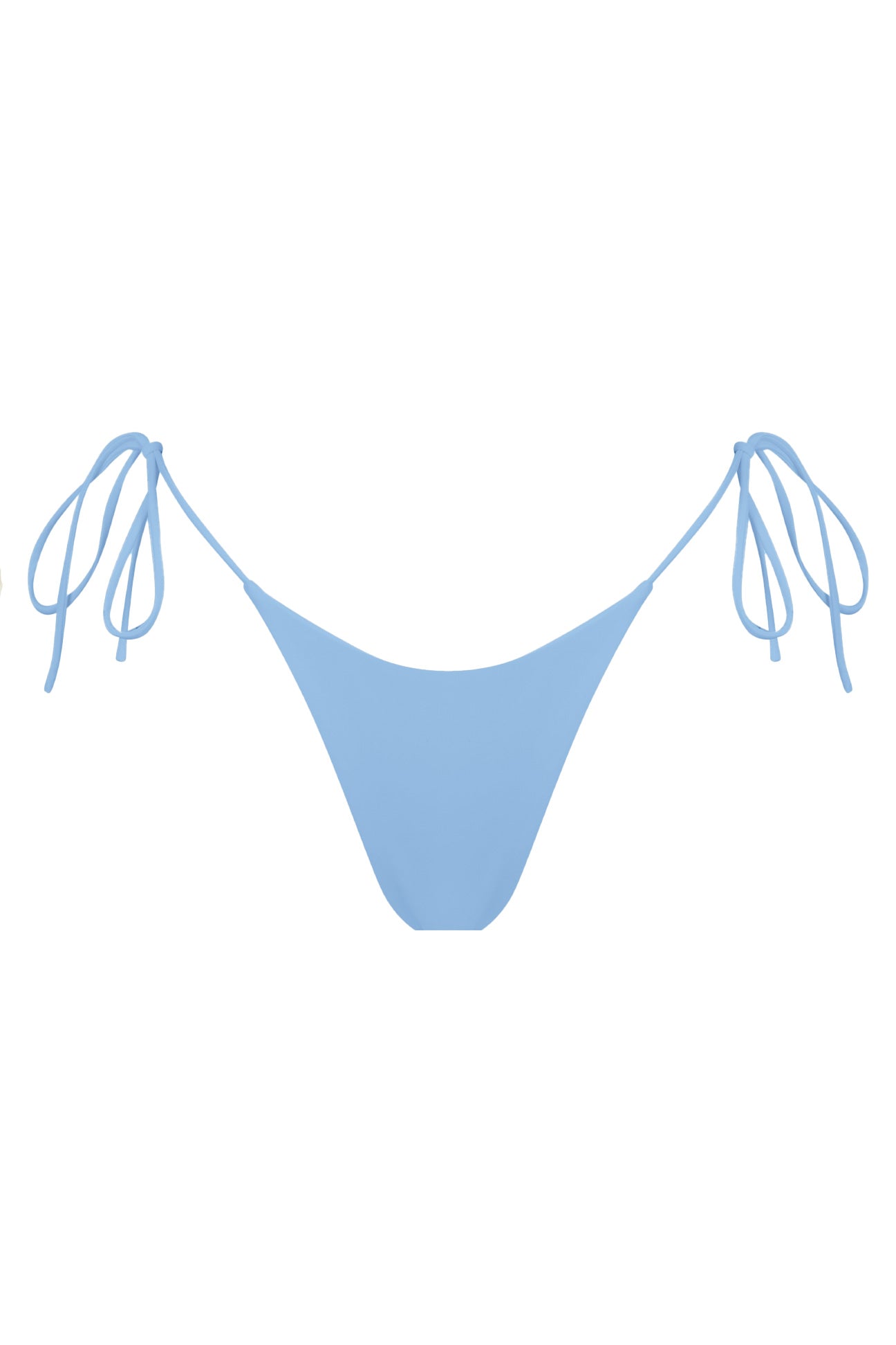 Blue bikini bottom with string ties on a white background