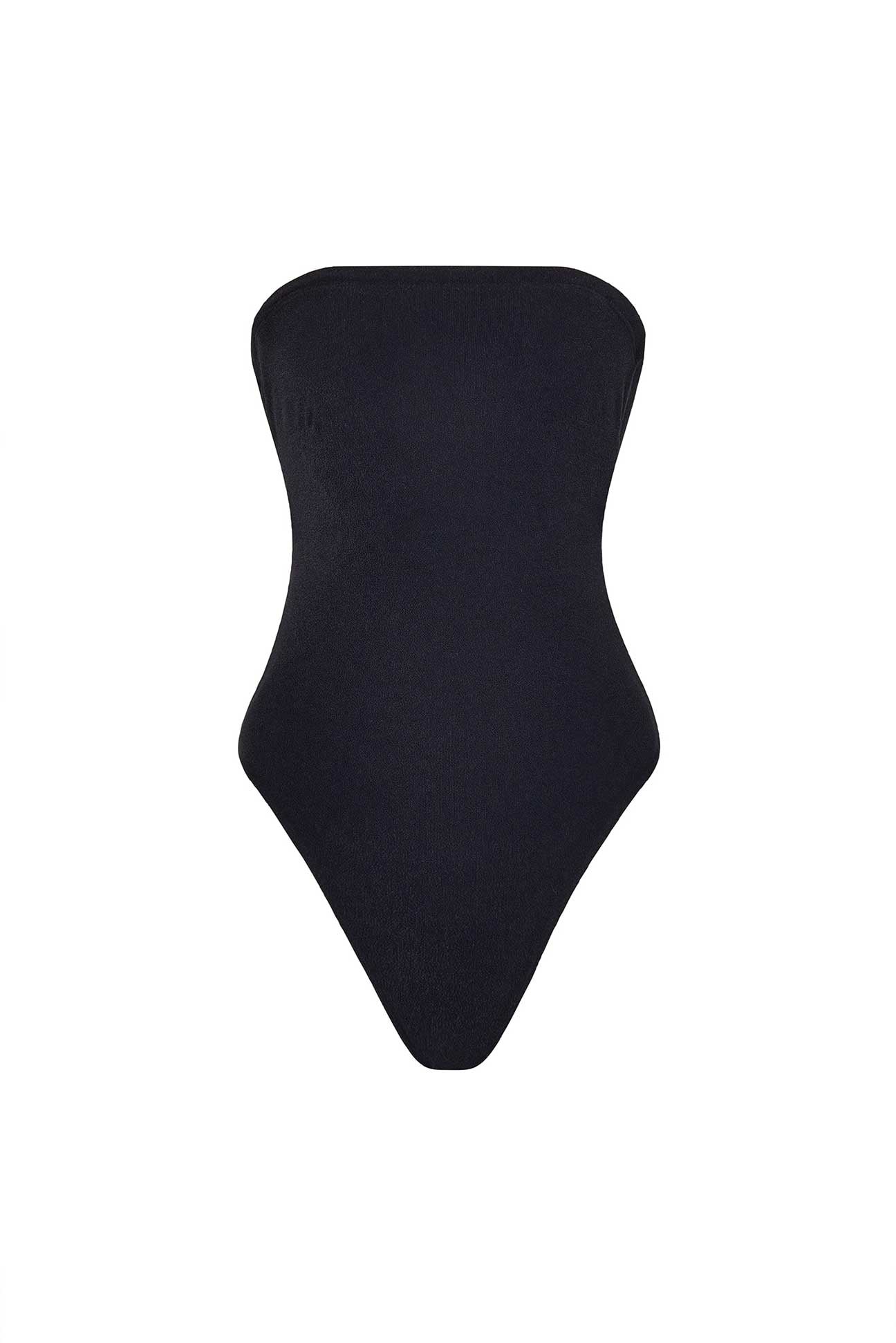 Black strapless swimsuit on a white background