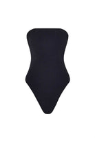 Black strapless swimsuit on a white background