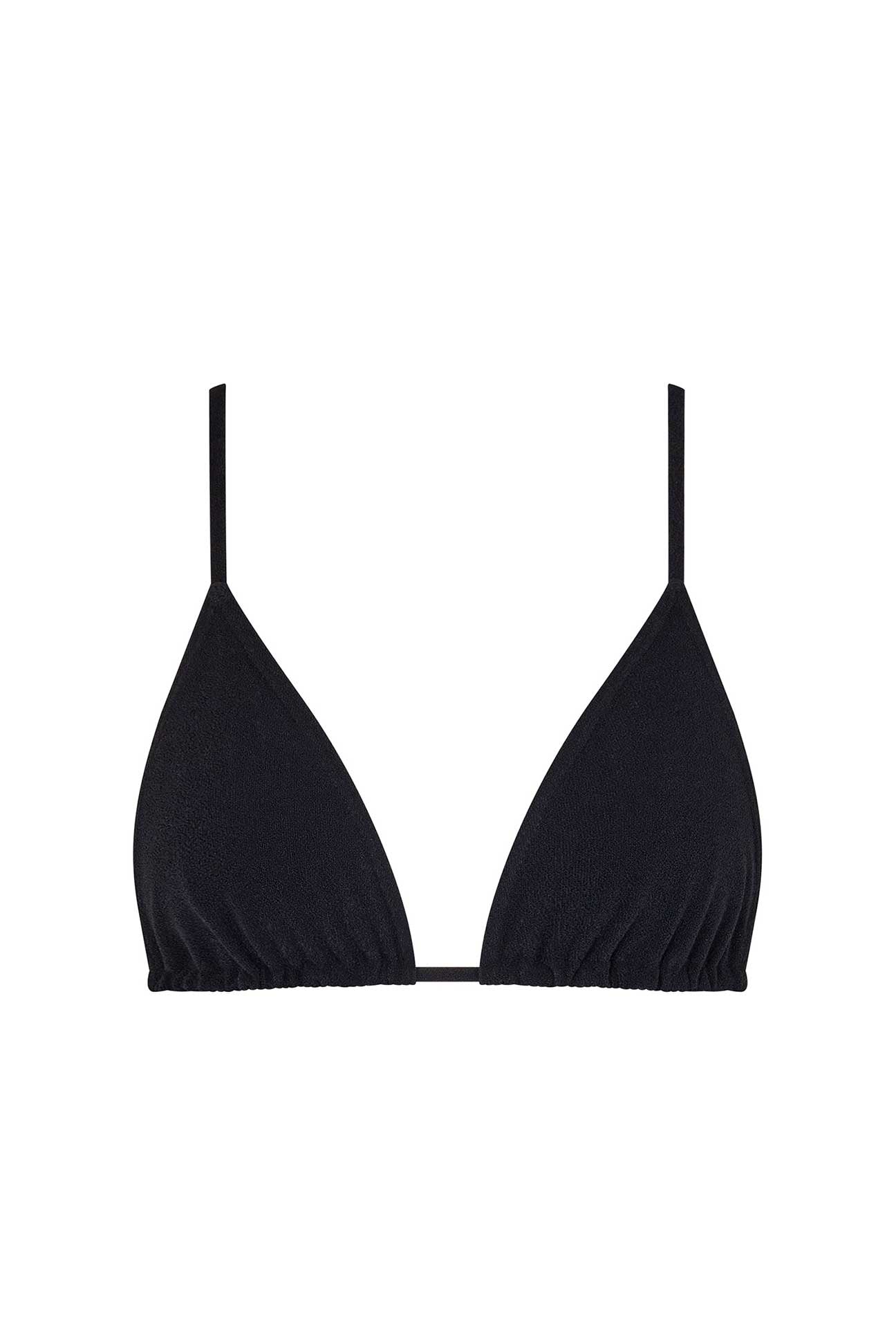 Black triangle bikini top on a white background