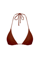 Terracotta bikini top with thin straps on a white background