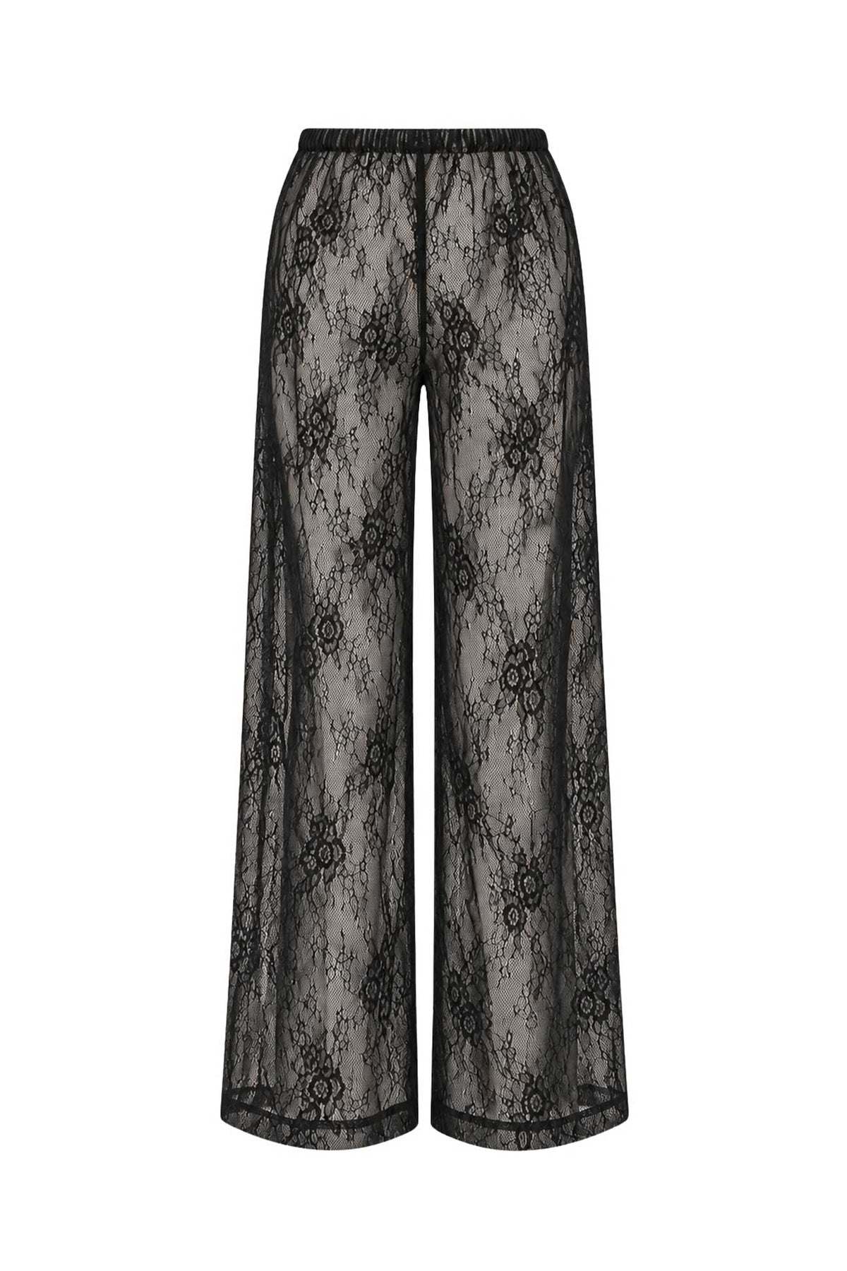 Black lace wide-leg pants with an elastic waistband, shown against a plain white background.