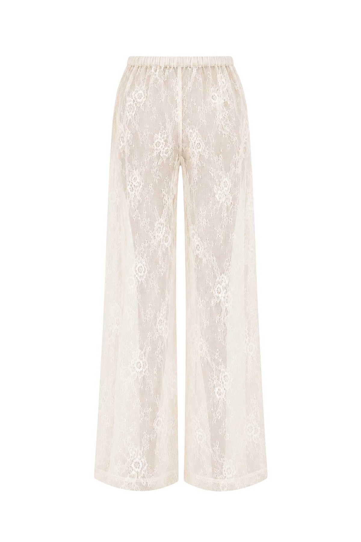 A pair of wide-leg cropped pants in a warm cream or ivory lace fabric, featuring an elastic waistband and a delicate floral lace pattern, shown against a plain white background.