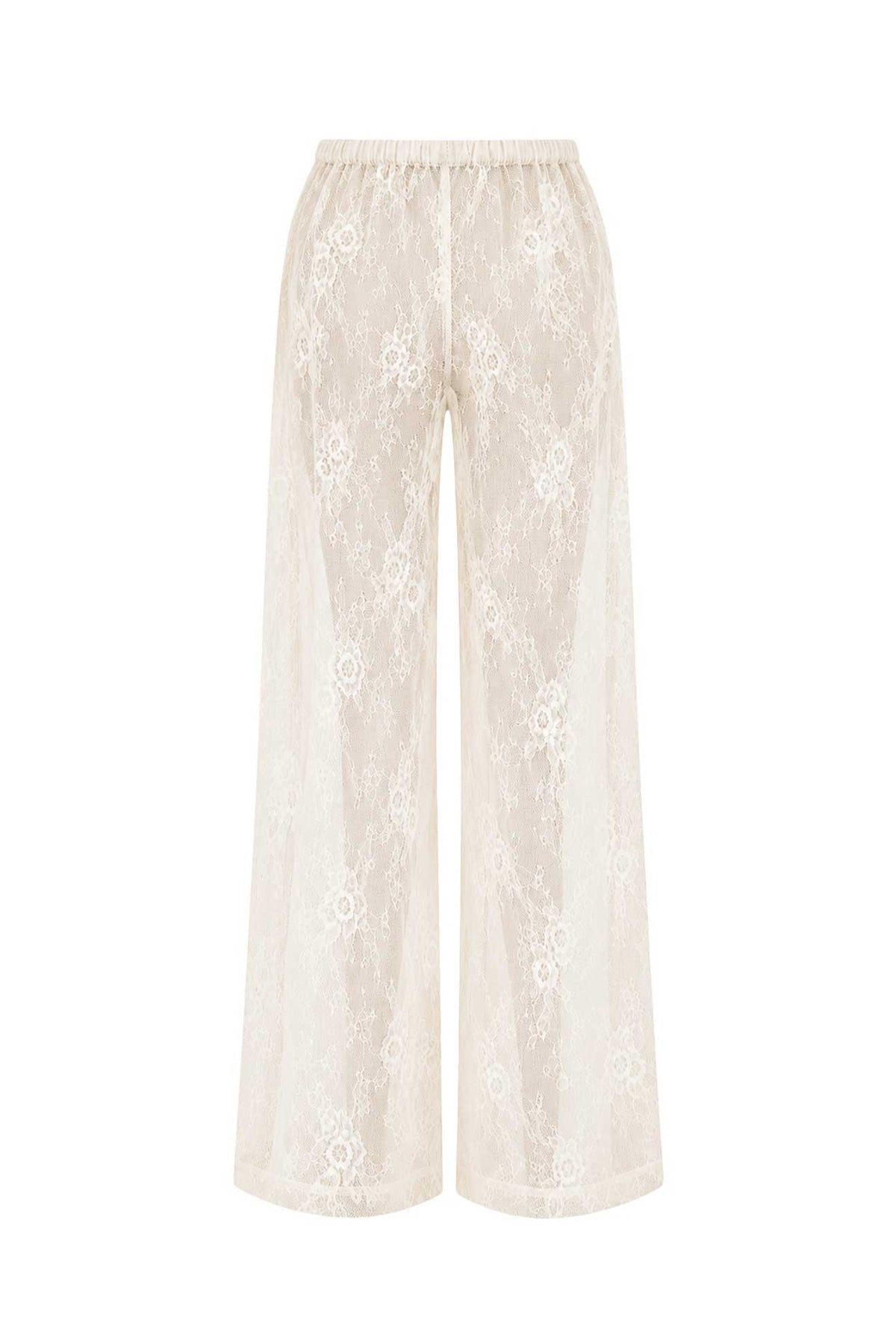 A pair of wide-leg cropped pants in a warm cream or ivory lace fabric, featuring an elastic waistband and a delicate floral lace pattern, shown against a plain white background.