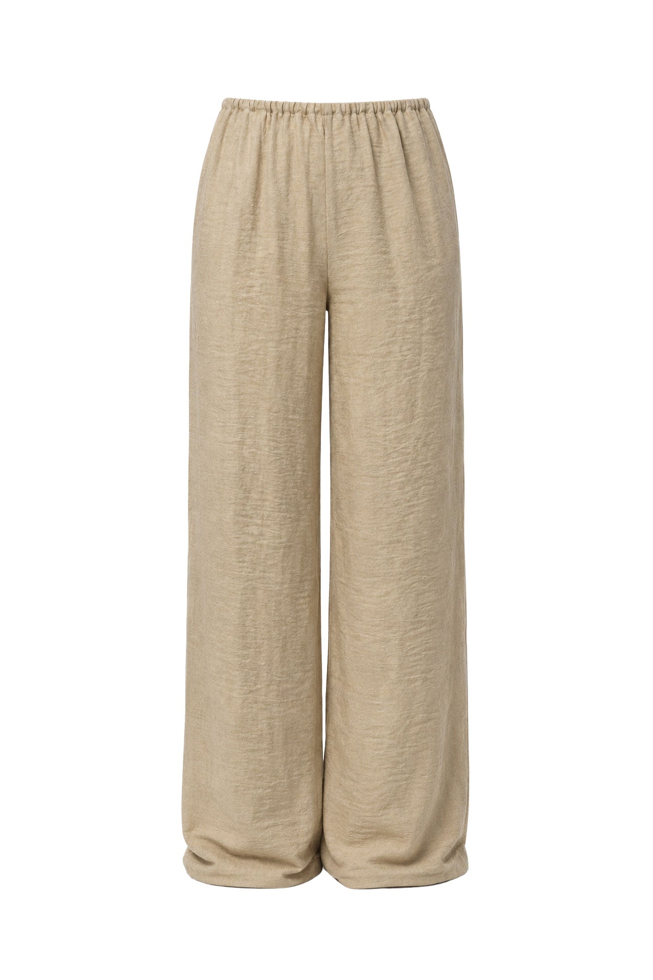 A pair of wide-leg trousers in a textured beige fabric, featuring an elastic waistband, shown against a plain white background.