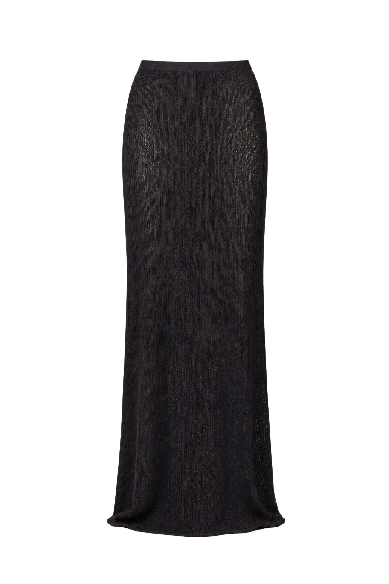 A black textured knit midi skirt with a subtle horizontal ribbed pattern, shown against a plain white background.