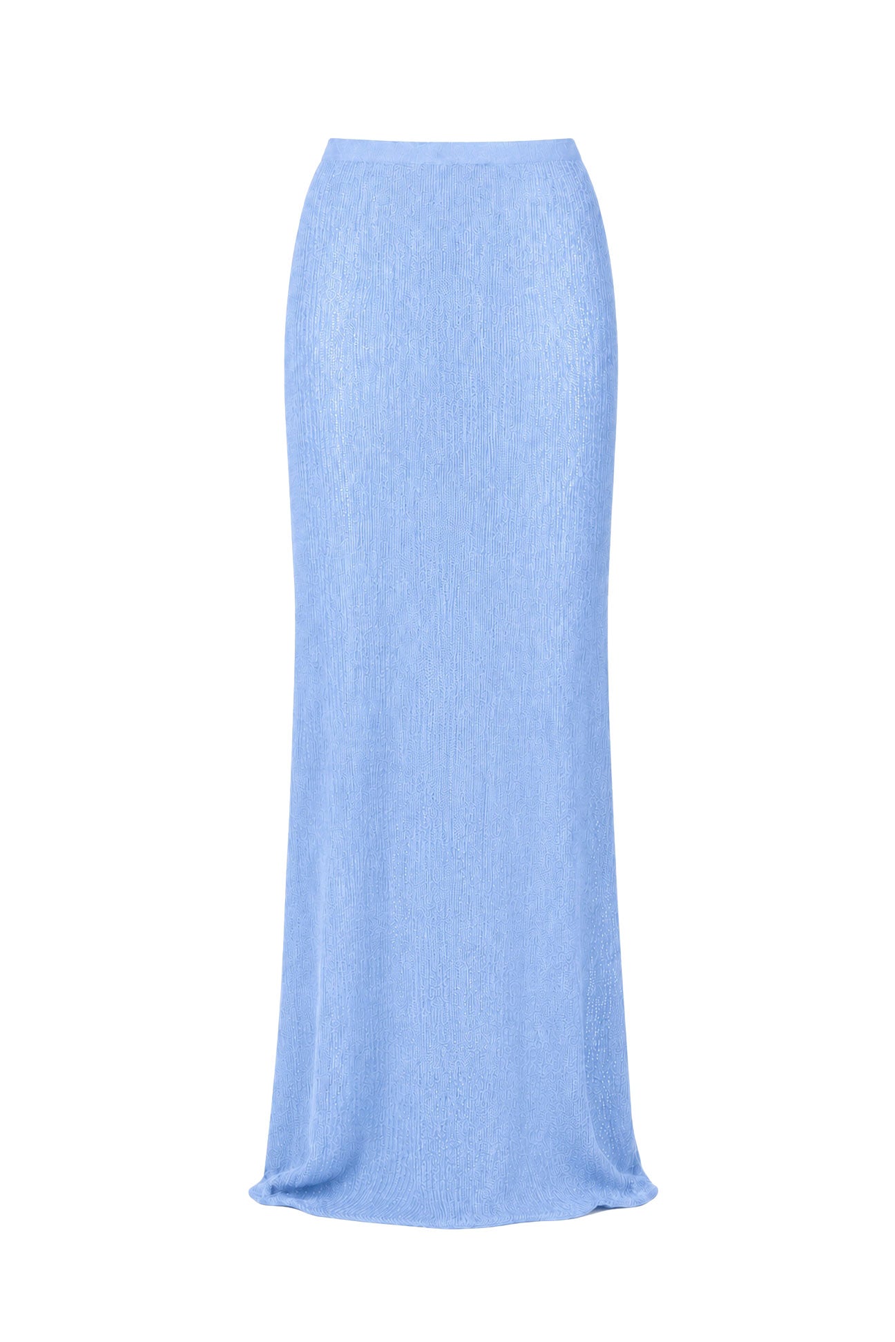 A light blue knit maxi skirt shown flat against a solid white background.