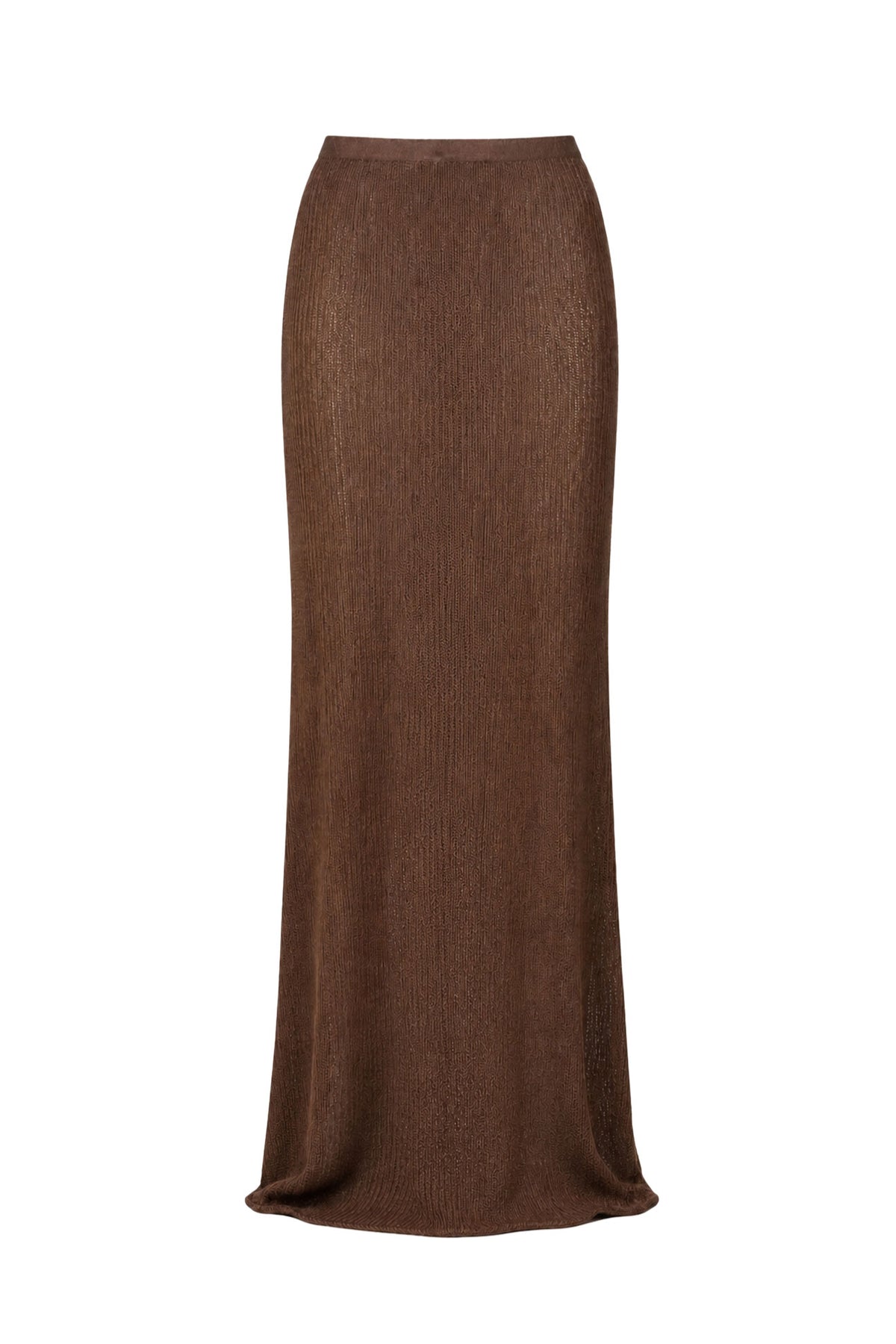A brown ribbed knit midi skirt shown flat against a solid white background.