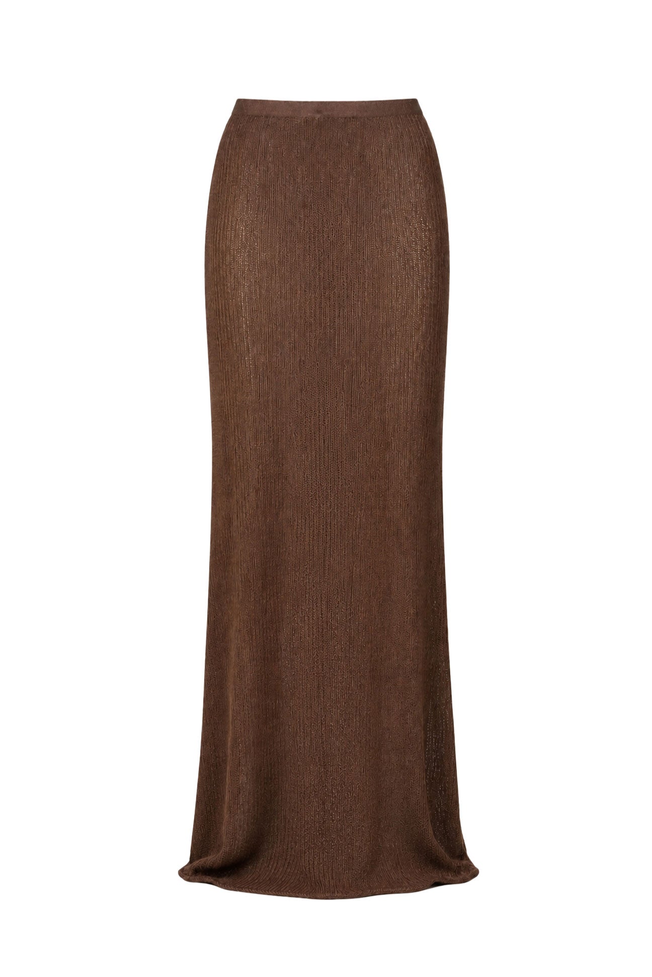 A brown ribbed knit midi skirt shown flat against a solid white background.