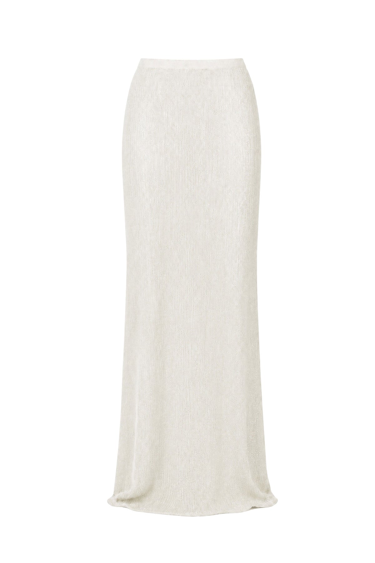 An off-white, textured knit maxi skirt shown flat against a solid white background.