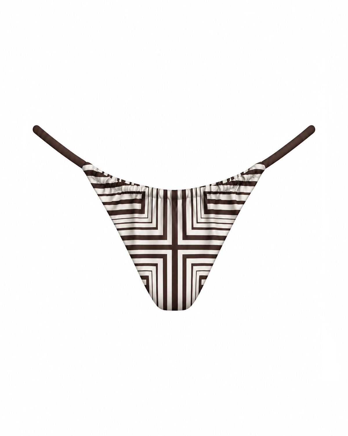 A low-rise thong bikini bottom featuring a brown and white geometric striped pattern with solid brown side straps, shown against a plain white background.