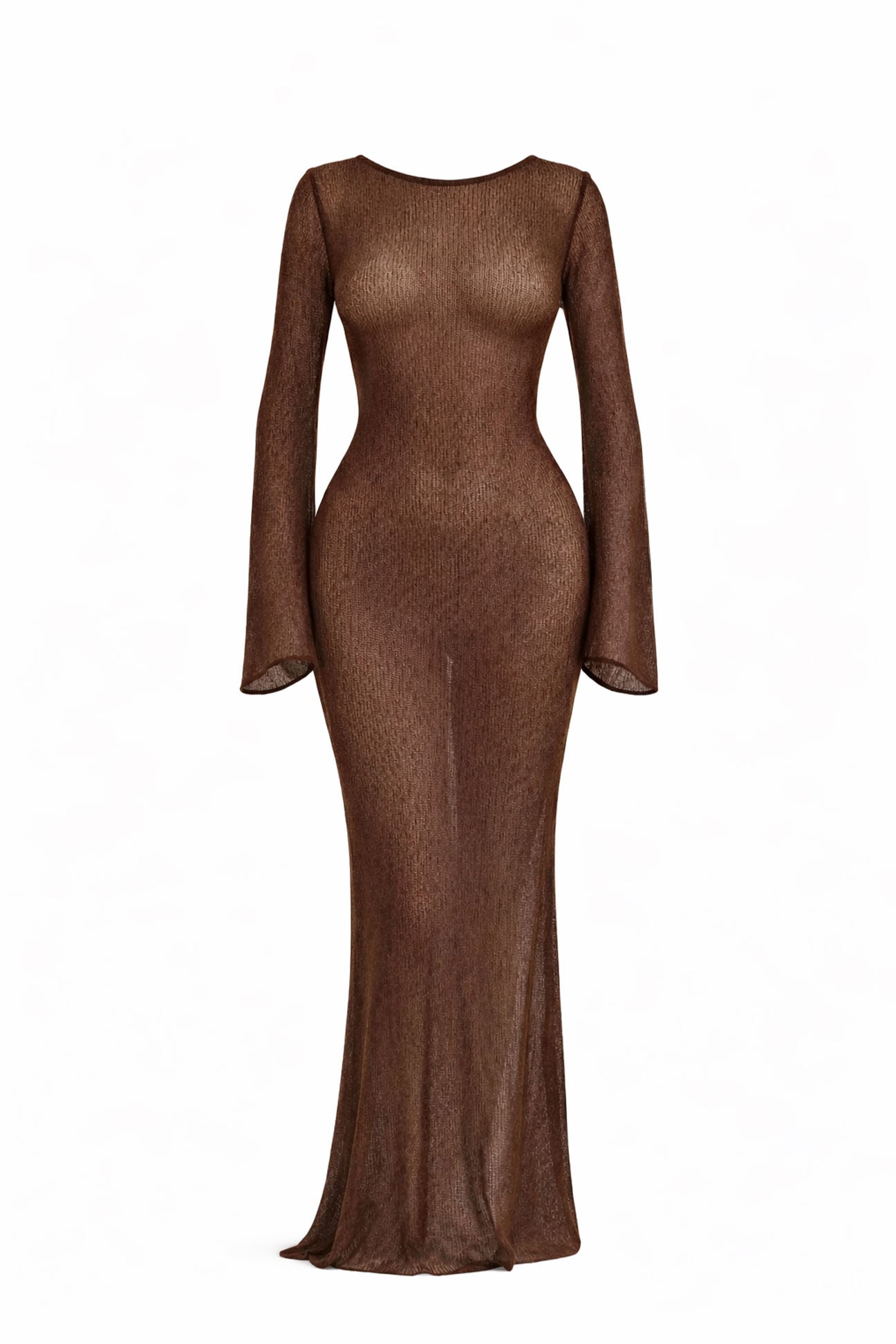 Brown sheer long-sleeve dress on a white background