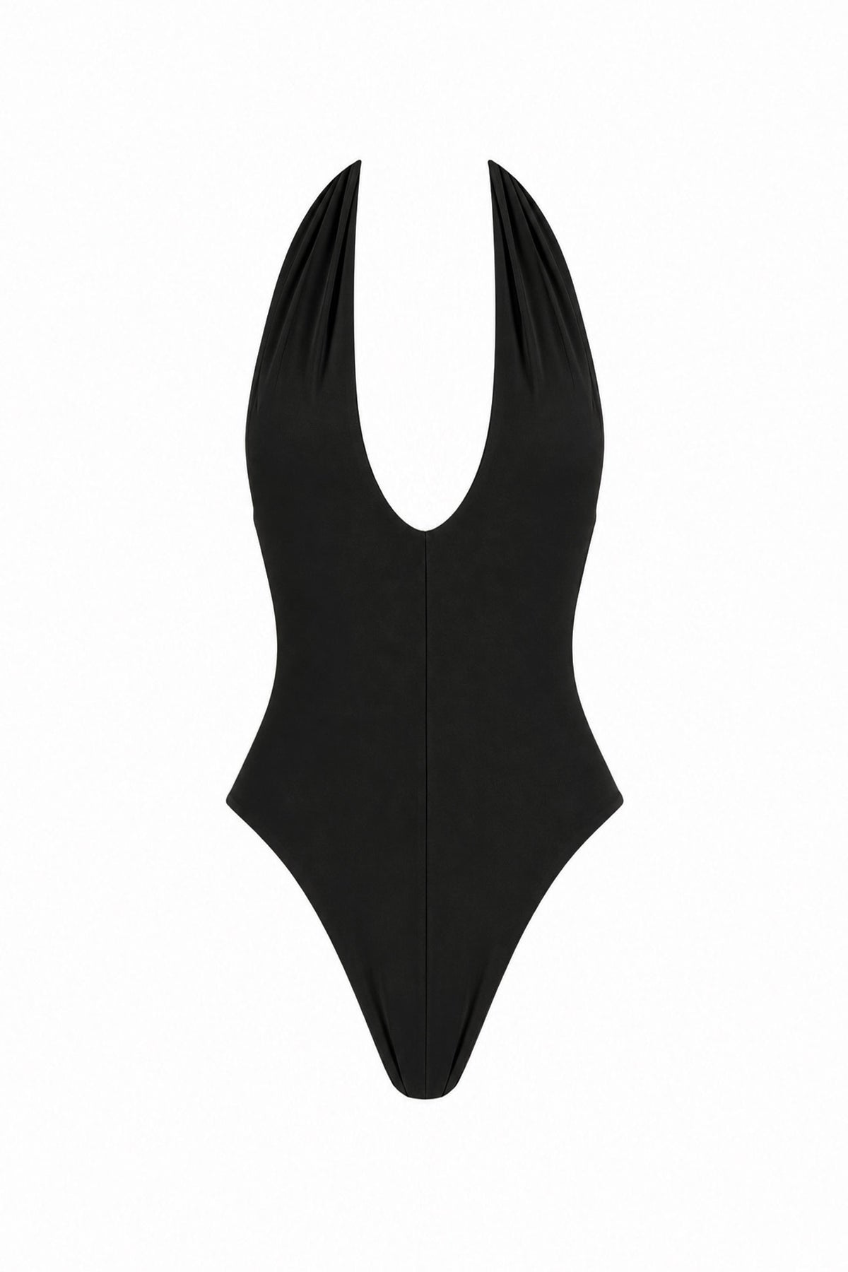 Black swimsuit with a deep neckline on a white background
