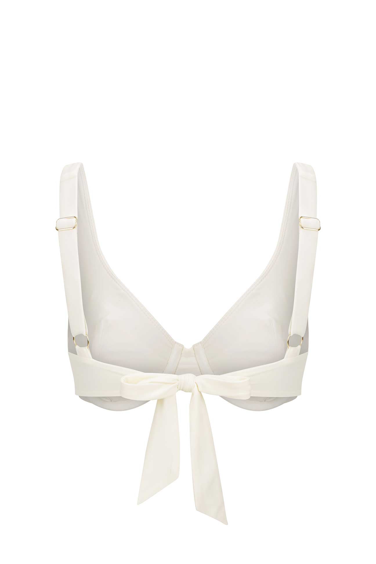 White bikini top with a adjustable detail on a white background