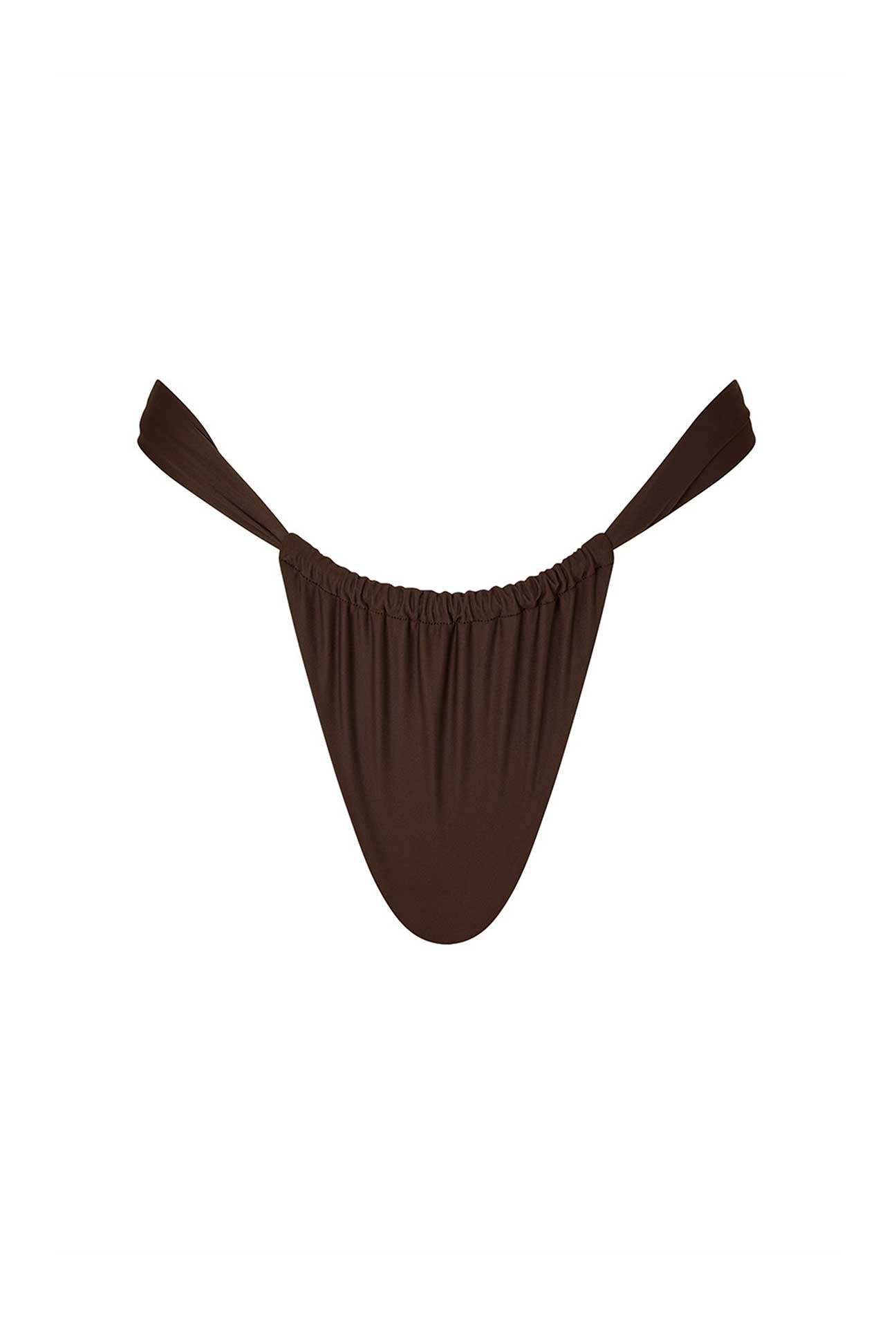 Brown bikini bottom with thin straps on a white background