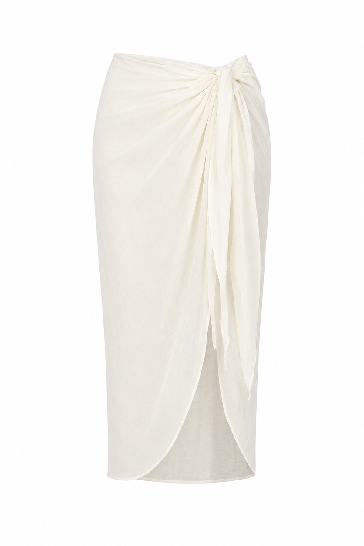 An off-white wrap midi skirt with a knotted waist and draped front detail, shown against a plain white background.