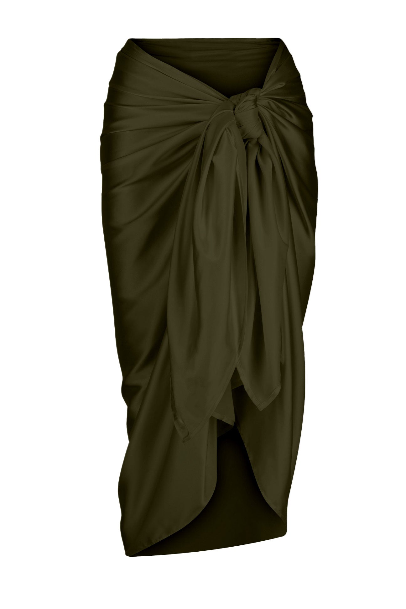 Olive green draped skirt on a white background
