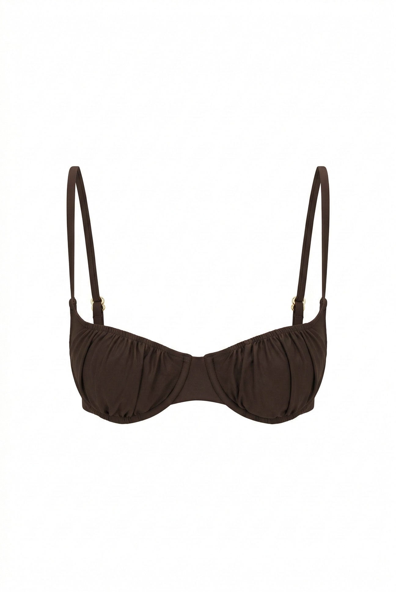 Brown bikini top with thin straps on a white background