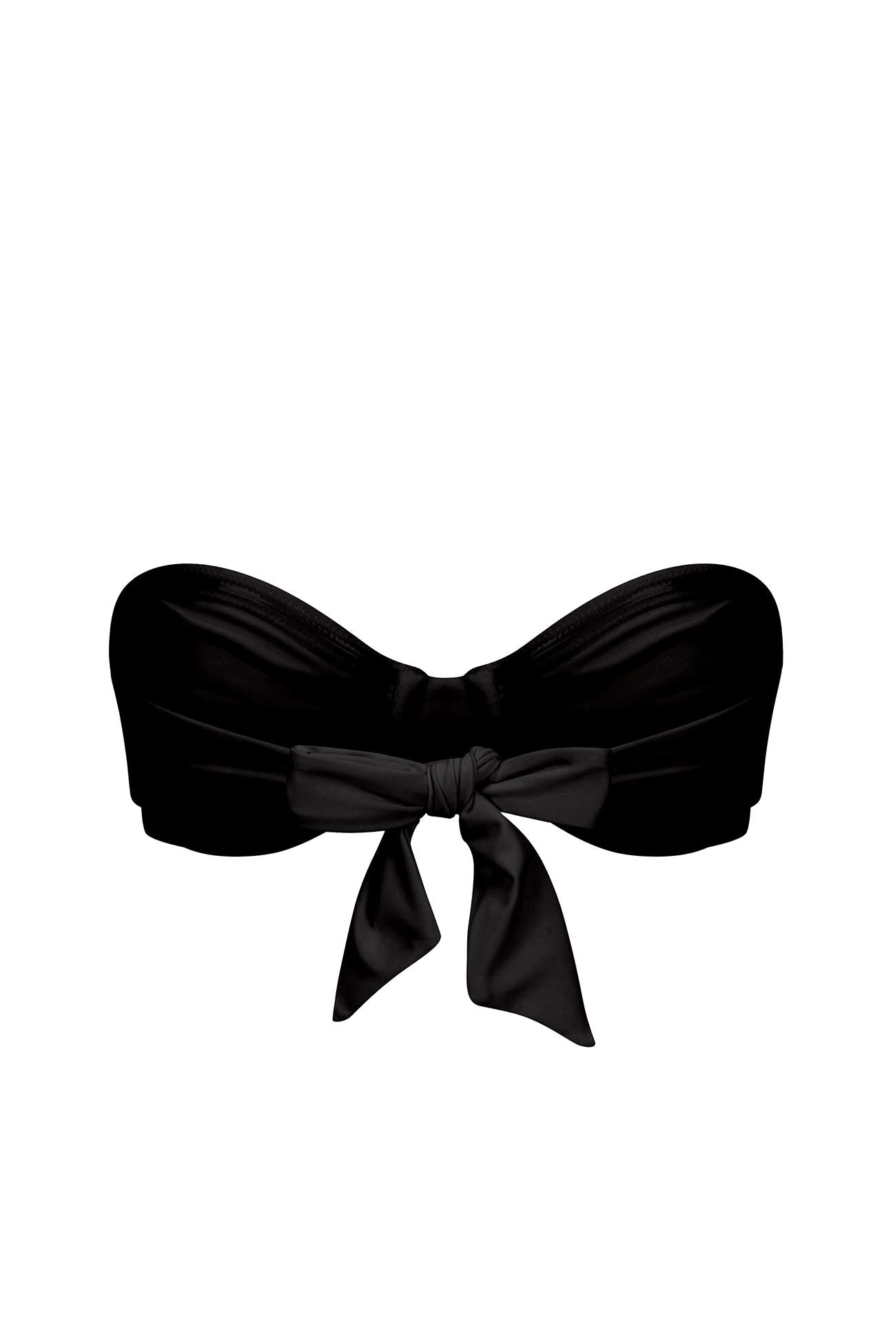Black bandeau bikini top with a large bow on a white background
