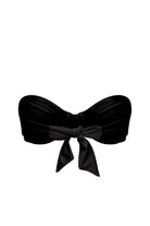 Black bandeau bikini top with a large bow on a white background
